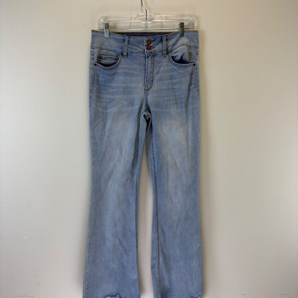 Sincerely Jules Light Blue Flared Denim Jeans With Double Button Closure Raw Hem